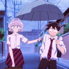 two people standing under an umbrella in the rain, one holding onto another person's hand