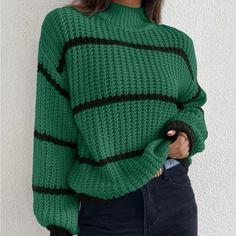 Striped Mock Neck Drop Shoulder Turtleneck Sweater. This Listing Is For Green Sweater, Other Colors Listed Separately. Ships In 6-10 Days~All Purchases Shipped With A Special Gift 100% Acrylic Size Tags Are Letters S-(4) M-(6) L-(8-10) Casual High Neck Sweater With Ribbed Collar, Winter Striped Tops With Ribbed Neckline, Green Tops With Ribbed Collar, Cadet Blue, Top Jeans, Pullover Outfit, Drop Shoulder Sweaters, Mode Casual, Casual Stripes