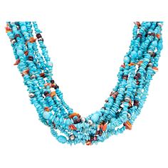 Large premium grade A Kingman turquoise ten strand beaded necklace interspersed with various spiny oyster beads in orange and purple along with sterling silver beads. Navajo Native American made. Sterling hand stamped palmette clasp. Display or wear - beaded necklaces do not come any nicer than this. Visually varied and interesting piece that would complement a formal Western or Southwestern style nicely. Size: 37"L Family Owned & Operated Cisco’s Gallery deals in the rare, exceptional, and one-of-a-kind pieces that define the history of America and the Old West. Our pieces range from American Indian to Cowboy Western and include original items of everyday life, commerce, art, and warfare that tamed America’s frontier. Our 14,000 square foot gallery opened in 1996 in beautiful Coeur d’Alen Turquoise Beaded Necklace, The Old West, Turquoise Bead Necklaces, Navajo Turquoise, Spiny Oyster, Kingman Turquoise, Cowboy Western, Cow Boy, Southwestern Style