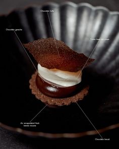 an image of a chocolate dessert on a black plate with words describing the parts labeled