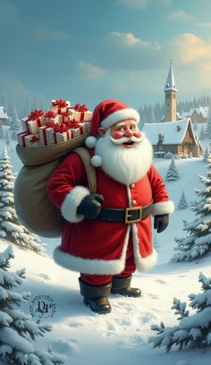 a painting of santa claus carrying presents on his back