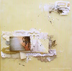 an altered photograph of a woman's face on a yellow and white striped wall