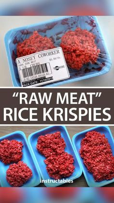 raw meat and rice krispies in blue trays with text overlay reading raw meat rice krispies