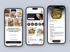 three iphones displaying different food items on their screens, one with an instagram