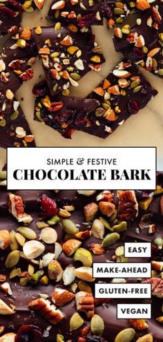 chocolate bark with nuts and pistachios on top is featured in the recipe