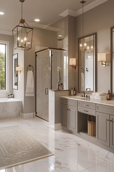 a large bathroom with marble floors and white walls