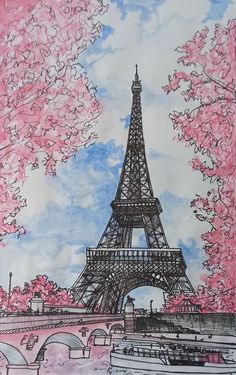 a drawing of the eiffel tower with pink flowers in front of it and trees