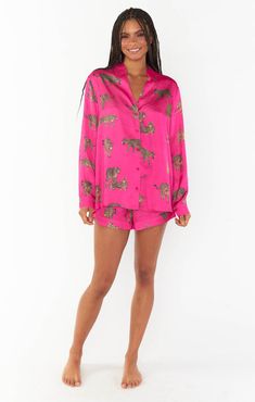 Bed meets babe in this fashionable jammie set. Silky fabric and Mumu iconic cheetah elevates this set so you can take from sheets to streets by simply swapping the shorts for denim. Cute Pj Sets, Trendy Work Outfit, Early Riser, Feminine Dress, Button Up Blouse, Show Me Your Mumu, Feminine Outfit, Show Me Your, Pj Sets