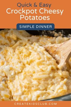 crockpot cheesy potatoes in a skillet with a wooden spoon