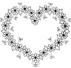 a heart made out of flowers with black and white outlines on the bottom half