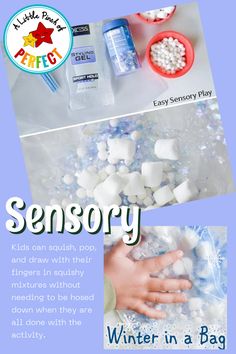 an advertisement for winter in a bag with the words, snow play and hand sanitizers