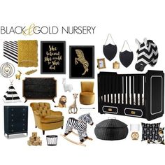 a black and gold nursery is shown in this image