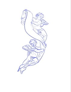 a drawing of two people flying in the air with one person holding an angel on his back