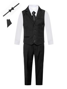 For a celebratory occasion, this suit vest set from Magen Kids is the ideal option. The black vest suit comprises a Pants, Vest, Shirt, Tie, Bow Tie, Pocket Square. Suitable for any special occasion, like a holiday, birthday party, communion, Easter, or church. Get your young man everything he needs to look dapper at his upcoming event! Formal Fitted Uniform Sets, Black Sleeveless Suit With Vest, Classic Black Suits With Vest, Classic Black Suit With Vest, Sleeveless Tuxedo Suit For Party, Black Sleeveless Formal Set, Black Suits With Vest For Formal Occasions, Classic Black Vest For Party, Classic Black Party Vest