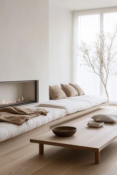 Minimalist japandi fireplace design in a cozy living room with japandi tv wall fireplace as focal point Japandi Tv Wall, Japandi Fireplace, Tv Wall Fireplace, Elegant Japandi, Fireplace Design Ideas, Japandi Living Room, Wall Fireplace, Japandi Living, Room With Fireplace