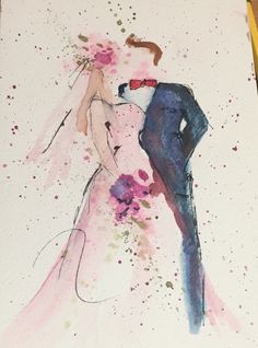 a watercolor painting of a man and woman in formal wear, standing next to each other