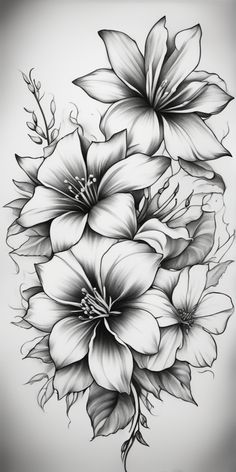 black and white drawing of flowers with leaves on the bottom half of their petals,