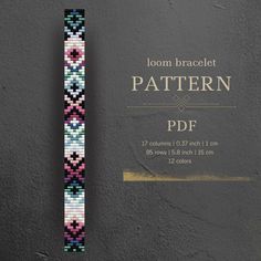 the loom bracelet pattern is shown in pink, blue and green beads on a gray background