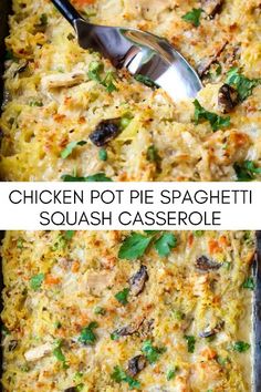 chicken pot pie spaghetti squash casserole in a baking dish with a serving spoon