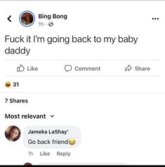 two tweets that are on the same page, one is saying'i'm going back to my baby daddy '