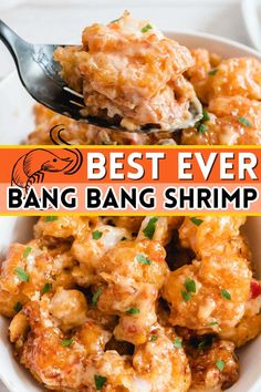 the best ever bang bang shrimp recipe in a white bowl with a spoon and title overlay