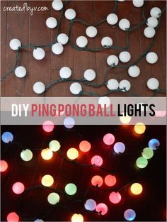 a string of christmas lights with the words diy pingpong ball lights