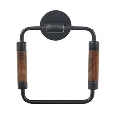 an iron and wood toilet roll holder with two wooden handles on the front of it