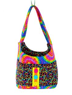 a multicolored handbag hanging from a hook