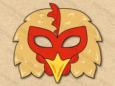 a paper mask with a red bird's head and yellow feathers on it, in front of a beige background