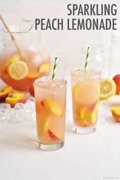 two glasses filled with sparkling peach lemonade