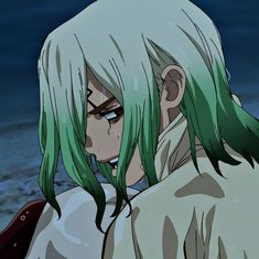 an anime character with green hair staring at something