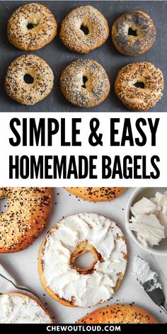 bagels with cream cheese and sprinkles on them are shown in this collage