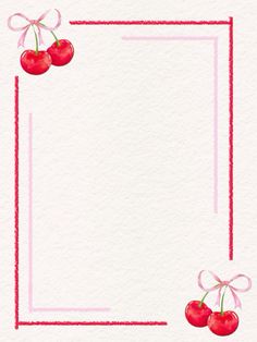 two cherries are tied to the corner of a white paper with pink ribbon and bow