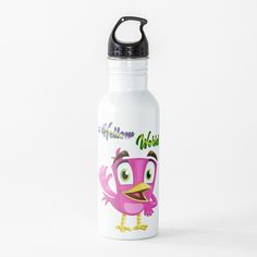 a white water bottle with a pink bird on it's side and the words happy halloween inside