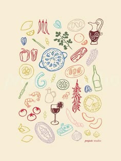 an image of food and drinks drawn in colored pencils on white paper with the words,