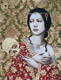 a painting of a woman holding a skull