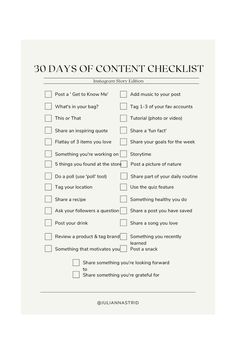 the 30 days of content checklist is shown in this printable form, which includes tasks