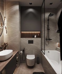 a bathroom with a sink, toilet and bathtub next to a mirror on the wall