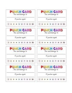 printable punch card with the words punch card in different colors and font on it