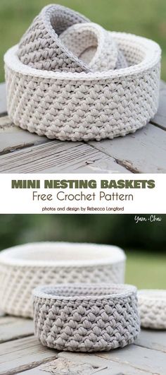 two baskets sitting on top of a wooden table with text overlay that says, free crochet pattern