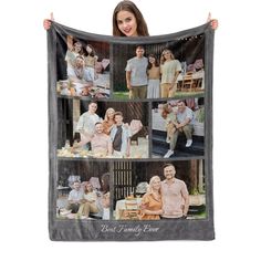 a woman holding up a blanket that has photos of people on it and the words best family ever