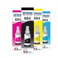 three epson ink bottles with the same color as each printer's ink bottle