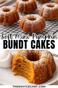 soft mini pumpkin bundt cakes on a cooling rack with one cut in half and the other partially eaten