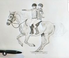 a pencil drawing of two people riding on the back of a white horse with their arms around each other