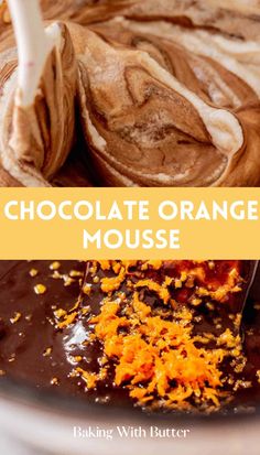 chocolate orange mousse in a glass bowl with a spoon on the side and text overlay that reads, chocolate orange mousse