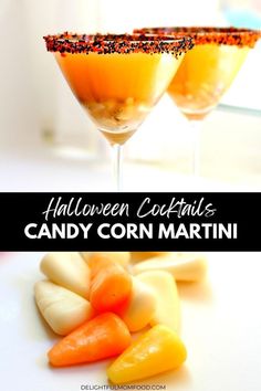 halloween cocktails with candy corn martini in the middle and candies on the side