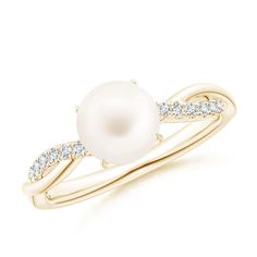 Set on an elegant twist shank is a glossy Freshwater cultured pearl. The shimmering round diamonds partially embellished on the shank, elevate the beauty of this 14k yellow gold pearl ring. Rose Gold Pearl Ring, Cultured Pearl Ring, Rose Gold Pearl, Gold Pearl Ring, Freshwater Pearl Ring, Sparkling Rings, 18k Yellow Gold Ring, Akoya Pearls, Freshwater Cultured Pearls