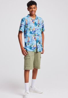 Older Boys Khaki Twill Cargo Shorts Beach Casual Cargo Shorts, Casual Cargo Shorts For Vacation, Blue Cargo Shorts For Summer, Tropical Relaxed Fit Shorts, Casual Blue Bermuda Shorts, Blue Summer Cargo Shorts, Tropical Cotton Shorts, Blue Tropical Shorts, Casual Green Bermuda Shorts