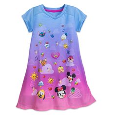 DISNEY STORE EMOJI ICONS Child Nightshirt Express yourself in ''tweet dreams'' wearing this soft jersey sleepshirt displaying Emoji styled Disney character icons.  Polyester.  Flame resistant. * Jersey knit nightshirt * Allover front sublimated ink art * Includes Mickey, Minnie, Donald, Pluto, Stitch, Bambi, Alice, and Cheshire Cat Emoji icons * Graded ombre color treatment * Cap sleeves * Pieced shoulder yoke * Ribbed v-neckline Size 4 (X-Small) Also available in Small 5-6 and Medium 7-8 Height Disney Character Icons, Alice And Cheshire Cat, Sleep Dress Nightgowns, Cat Emoji, Character Icons, Girl Emoji, Disney Emoji, Disney Pajamas, Sleep Dress