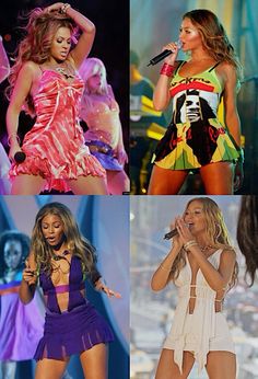 four pictures of the same woman in different outfits, including one with a microphone and one without